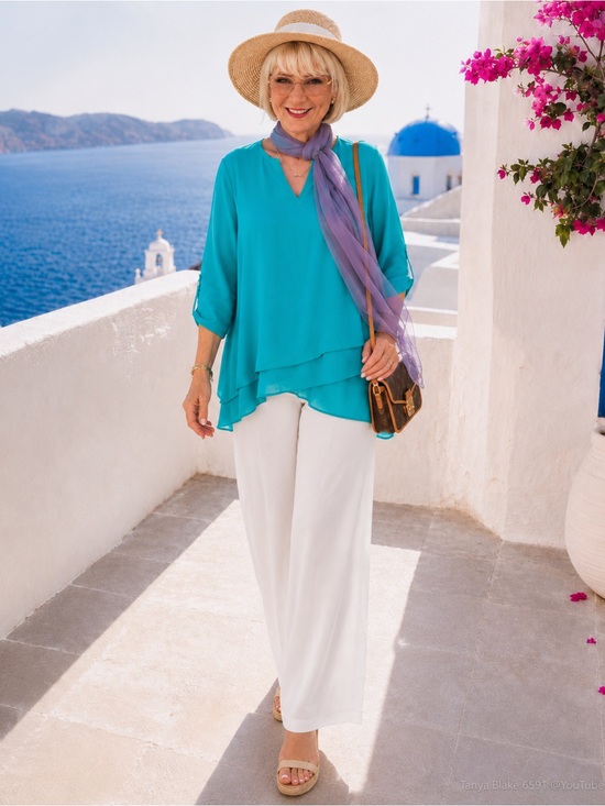 Christina Tops - Turquoise Layered Tunic Top with 3/4 Sleeves